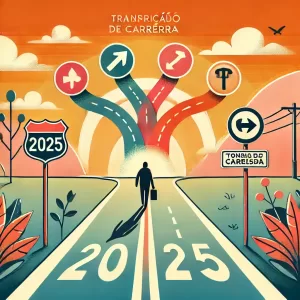Ilustração de transição de carreira com uma estrada bifurcada e uma pessoa caminhando, representando escolhas e novos começos.