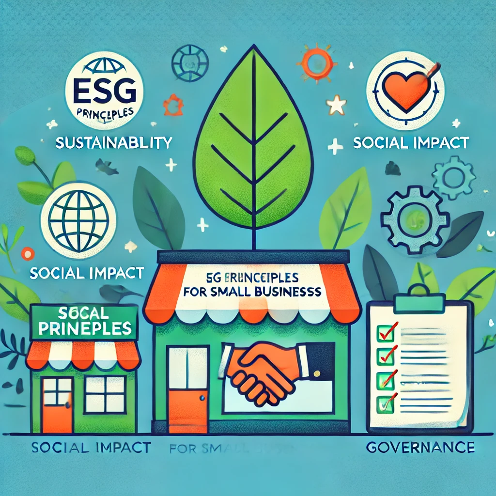 Ilustração representando os pilares do ESG para pequenos negócios, com ícones de sustentabilidade, impacto social e boa governança.