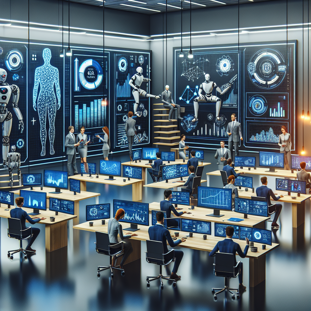 Ilustração realista de um escritório moderno com profissionais colaborando com robôs e utilizando telas holográficas de inteligência artificial.