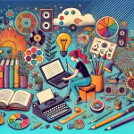 Ilustração vibrante representando criatividade cultural, com elementos como livros, filmes, música e artes visuais integrados. Uma pessoa planeja em um caderno sobre uma mesa com ferramentas criativas, como pincéis e um laptop. O fundo colorido evoca diversidade cultural e inovação.