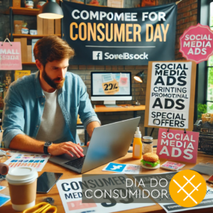 Um empreendedor organizando sua campanha para o Dia do Consumidor, preparando materiais promocionais e anúncios para atrair mais clientes.