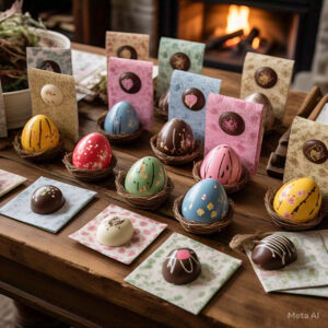 Mesa rústica com ovos de Páscoa artesanais recheados, embalagens personalizadas e clima acolhedor, destacando a venda de chocolates caseiros.
