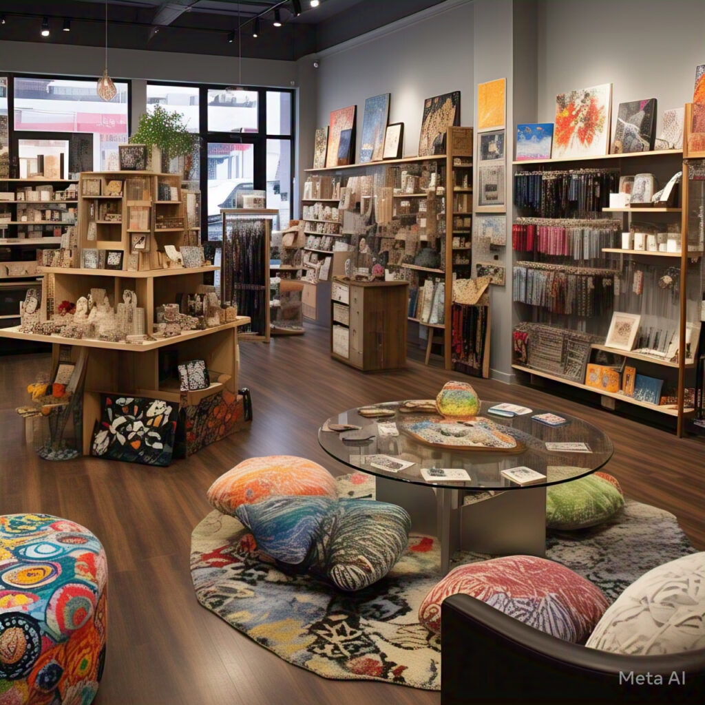 Espaço de uma loja colaborativa, destacando a diversidade de produtos artesanais e design independente.