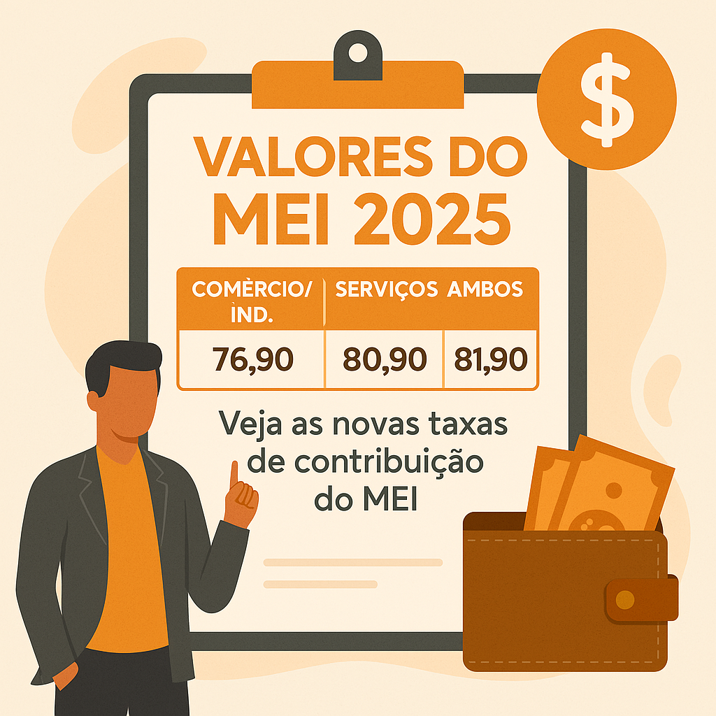Valores do MEI 2025 – ilustração com tabela de contribuições e elementos visuais representando obrigações e benefícios do microempreendedor.