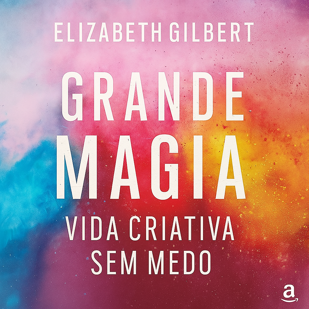 Capa do livro Grande Magia de Elizabeth Gilbert com fundo de aquarela vibrante e título em branco, simbolizando liberdade criativa e coragem para empreender.