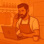 Empreendedor solo utilizando tecnologia no pequeno negócio em estilo monocromático laranja