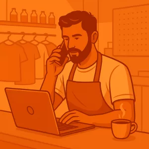 Empreendedor solo utilizando tecnologia no pequeno negócio em estilo monocromático laranja