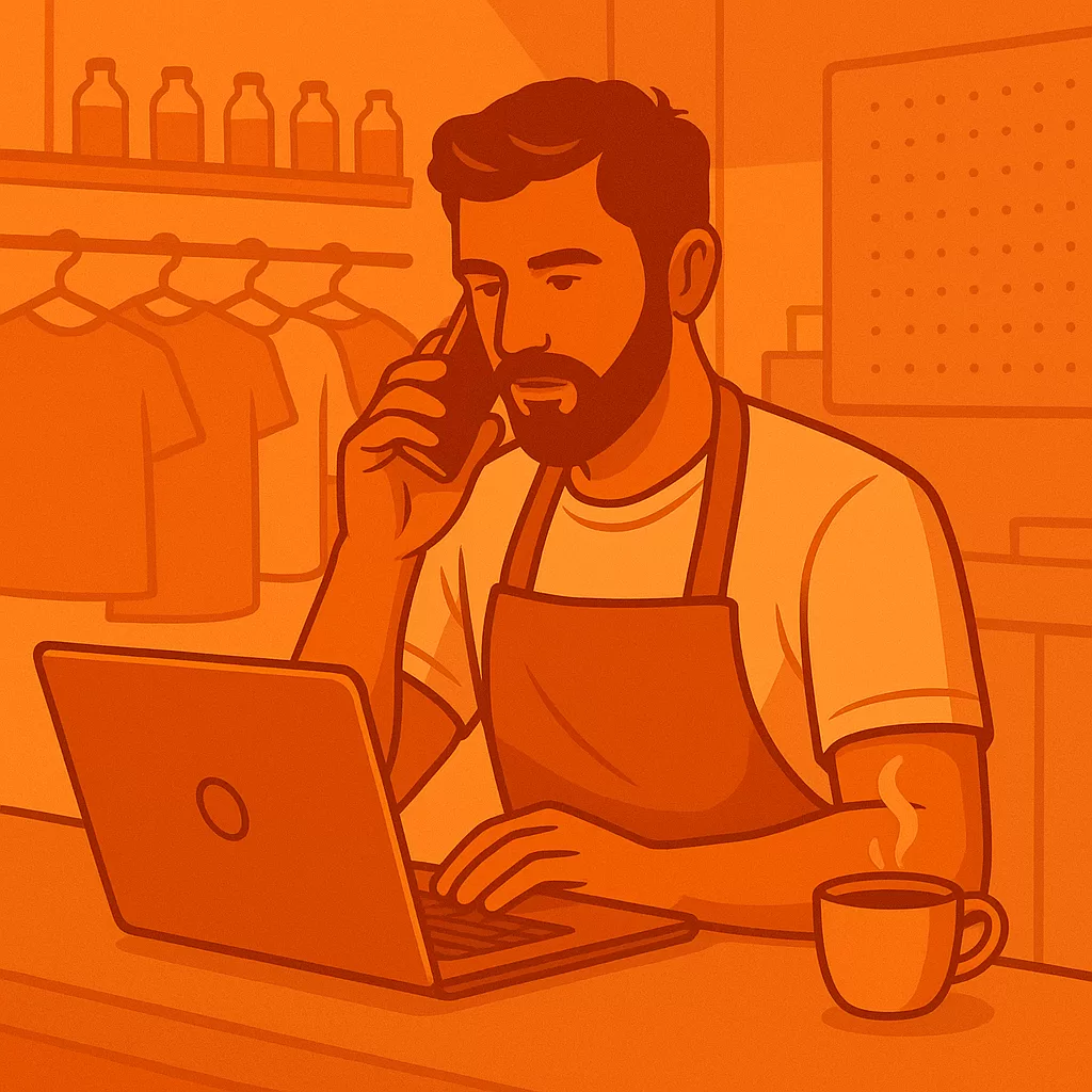 Empreendedor solo utilizando tecnologia no pequeno negócio em estilo monocromático laranja