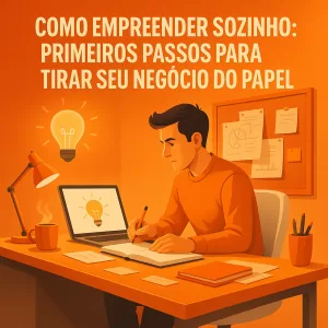 Ilustração de um jovem empreendedor trabalhando sozinho em um escritório moderno com decoração laranja, escrevendo ideias em um caderno ao lado de um laptop com ícone de lâmpada acesa.