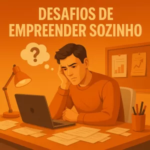 Ilustração de um jovem empreendedor preocupado, sentado em um escritório com decoração laranja, encarando um laptop, cercado por papéis desorganizados e com um balão de pensamento mostrando um ponto de interrogação.