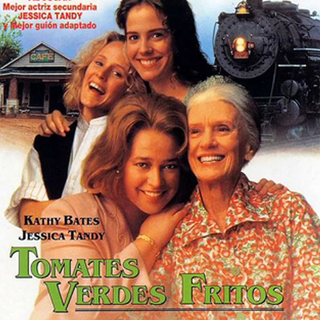 Pôster do filme Tomates Verdes Fritos com quatro mulheres sorrindo, representando amizade, liberdade e força feminina criativa ao longo do tempo.