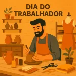 Ilustração de um artesão modelando cerâmica em seu ateliê, com a frase "Dia do Trabalhador" em destaque e elementos do trabalho manual ao redor.