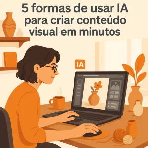 Empreendedor criativo usando IA no computador para criar conteúdo visual