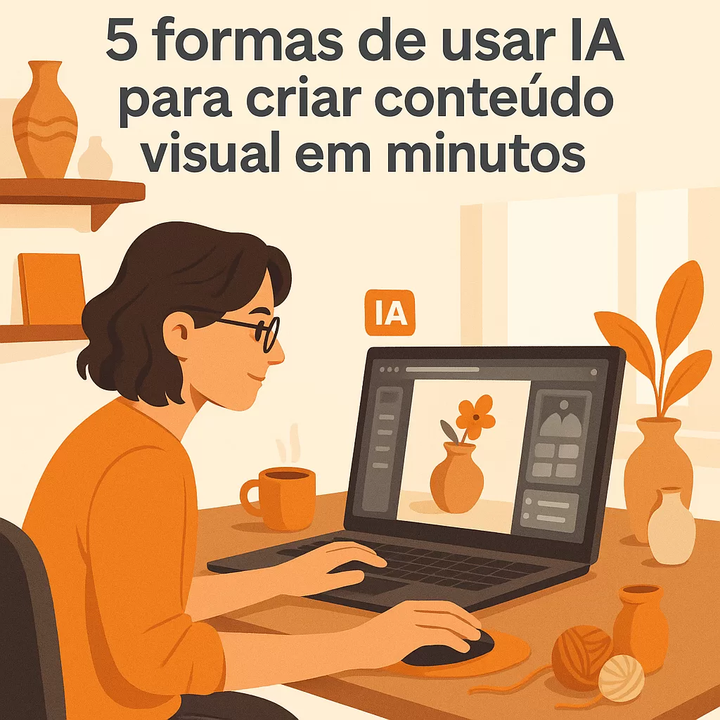 Empreendedor criativo usando IA no computador para criar conteúdo visual