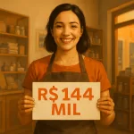 Empreendedora sorridente segura placa “144 000” com detalhe laranja