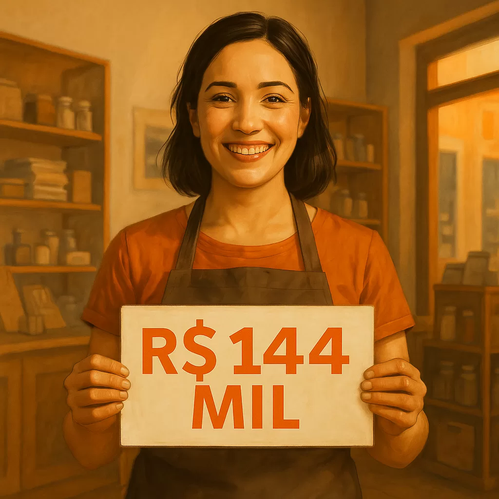 Empreendedora sorridente segura placa “144 000” com detalhe laranja