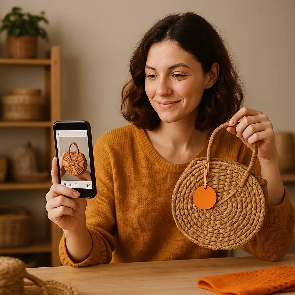 Mulher criativa vendendo seus produtos pelo Instagram com celular na mão