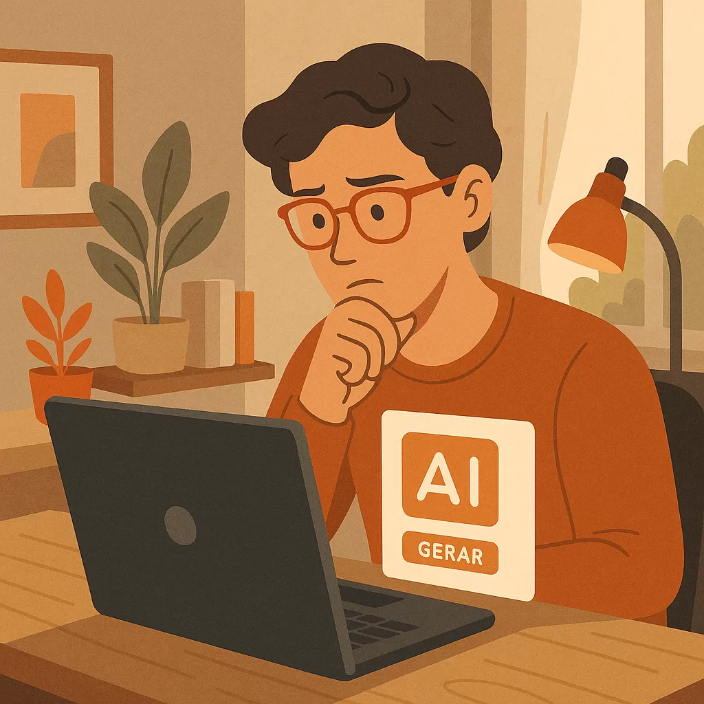 Pessoa refletindo sobre o uso da IA em um ambiente criativo e digital