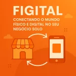 Ilustração com uma loja física e um smartphone conectados por setas circulares, representando o conceito figital em um fundo laranja.
