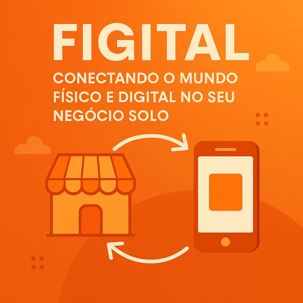 Ilustração com uma loja física e um smartphone conectados por setas circulares, representando o conceito figital em um fundo laranja.