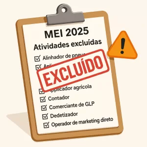Prancheta com lista “MEI 2025 – Atividades excluídas” carimbada “EXCLUÍDO”, ícone de alerta laranja