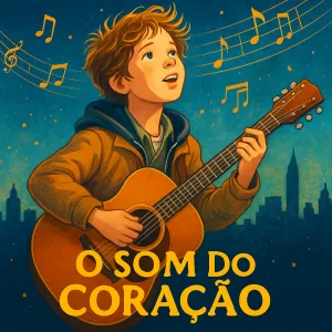 Ilustração inspirada no filme O Som do Coração, com menino tocando guitarra em um campo, representando intuição e criatividade no empreendedorismo.