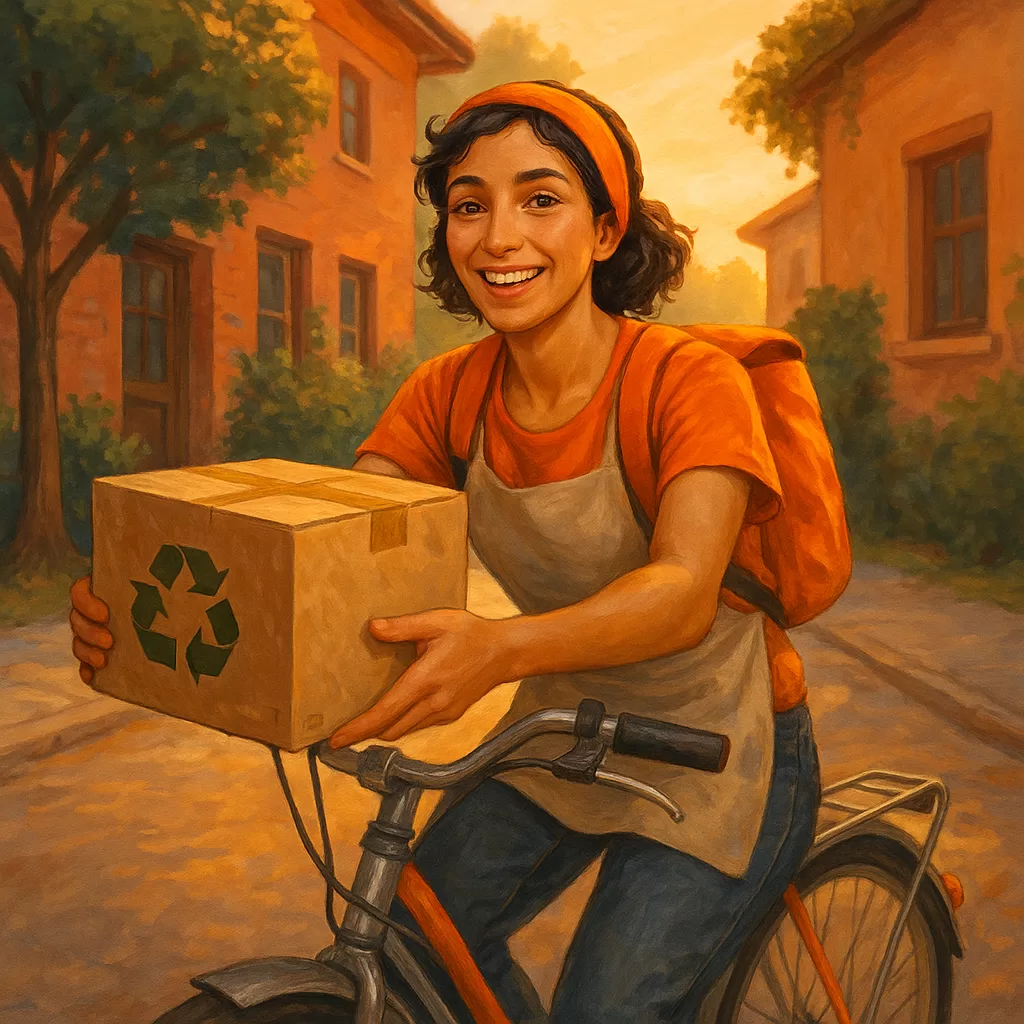 Empreendedora de bicicleta entregando caixa sustentável, com detalhe laranja
