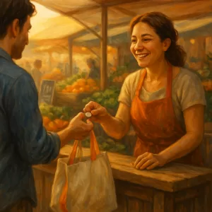 Cliente paga a feirante do bairro; sacola com detalhe laranja