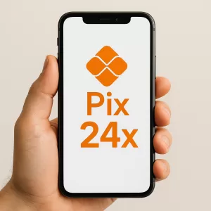 Mão segura celular exibindo “Pix 24×” em laranja