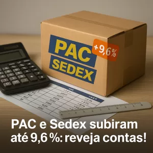 Caixa PAC/Sedex com etiqueta “+9,6 %”, calculadora e tabela de custos