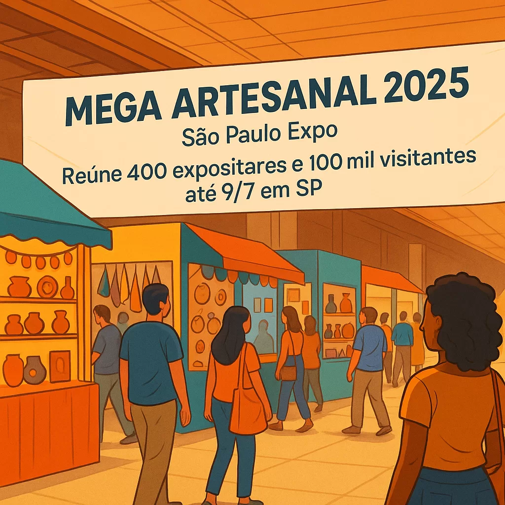 Foto ilustrada de estandes coloridos e visitantes, detalhe laranja