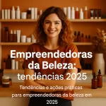Mulher empreendedora da beleza sorrindo em salão criativo, com produtos organizados