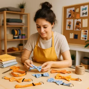 Artesã preparando acessórios pet artesanais em ateliê aconchegante