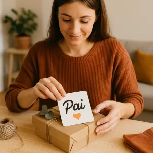 Empreendedora criativa preparando embalagem afetiva para o Dia dos Pais