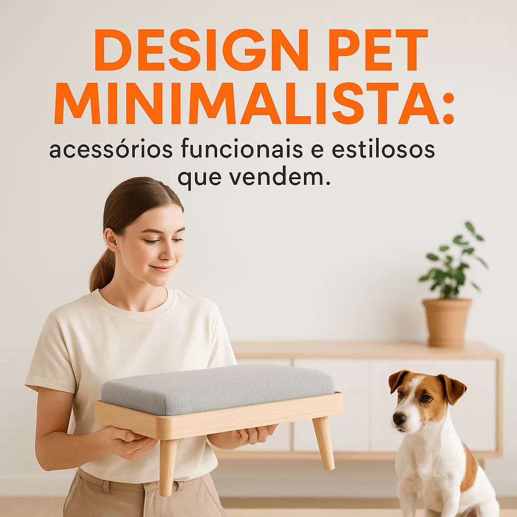 Mulher segura cama pet de estilo minimalista ao lado de cachorro pequeno