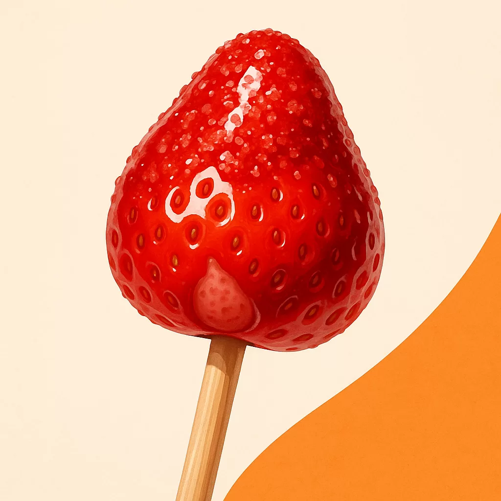 Ilustração de morango com casquinha crocante em fundo claro com detalhe laranja