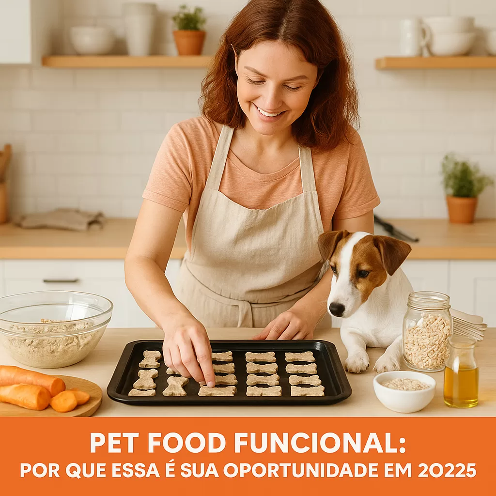 Empreendedora criativa preparando snacks naturais para cães em cozinha organizada