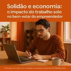 Empreendedor criativo trabalhando sozinho em ambiente calmo, com detalhes laranja