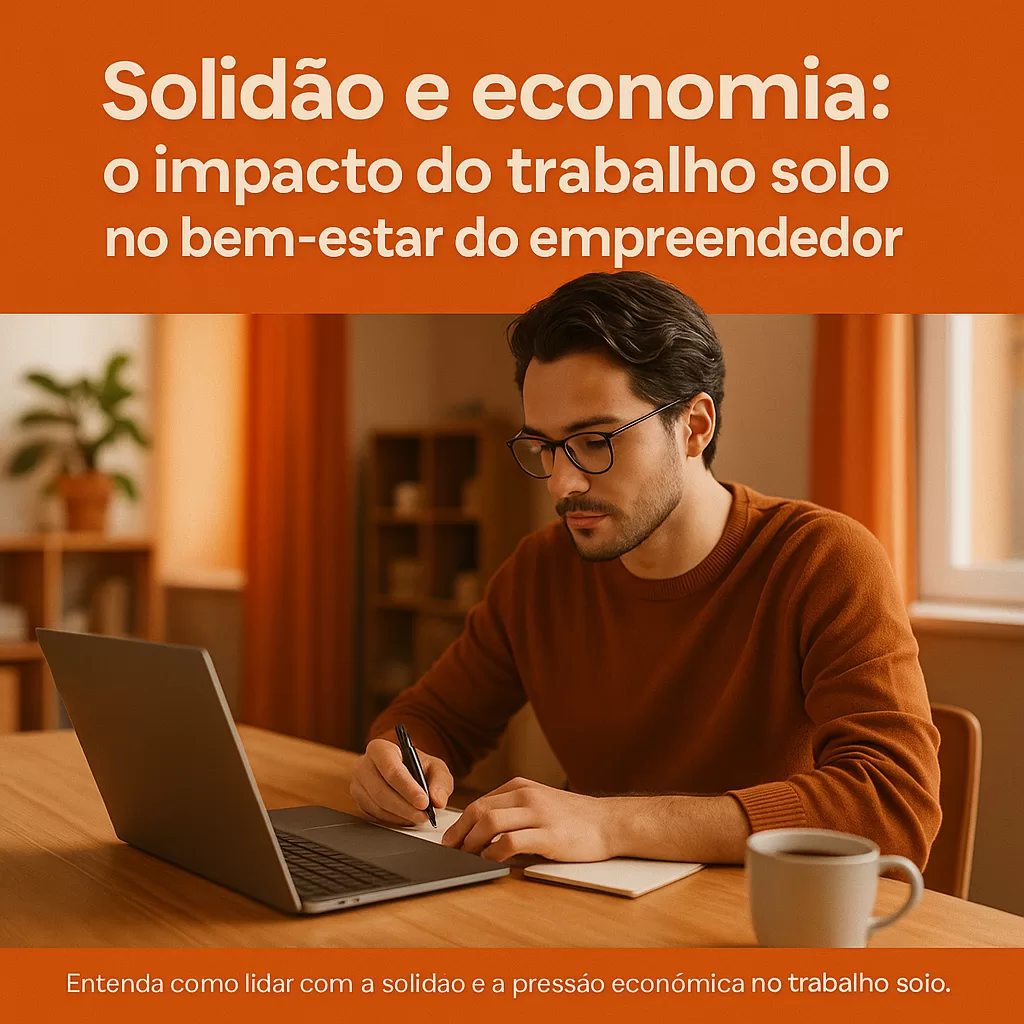 Empreendedor criativo trabalhando sozinho em ambiente calmo, com detalhes laranja