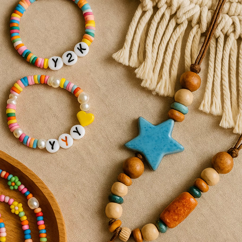 Peças artesanais combinando elementos Y2K e boho chic em ambiente aconchegante