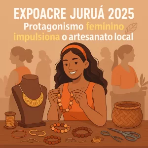 Artesã mostrando biojoias em estande, detalhe laranja