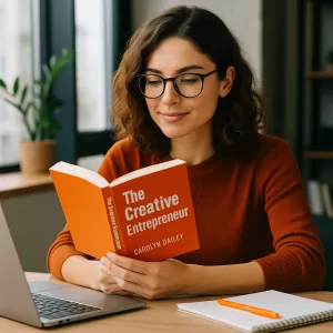 Mulher empreendedora lendo o livro The Creative Entrepreneur em um espaço de trabalho moderno