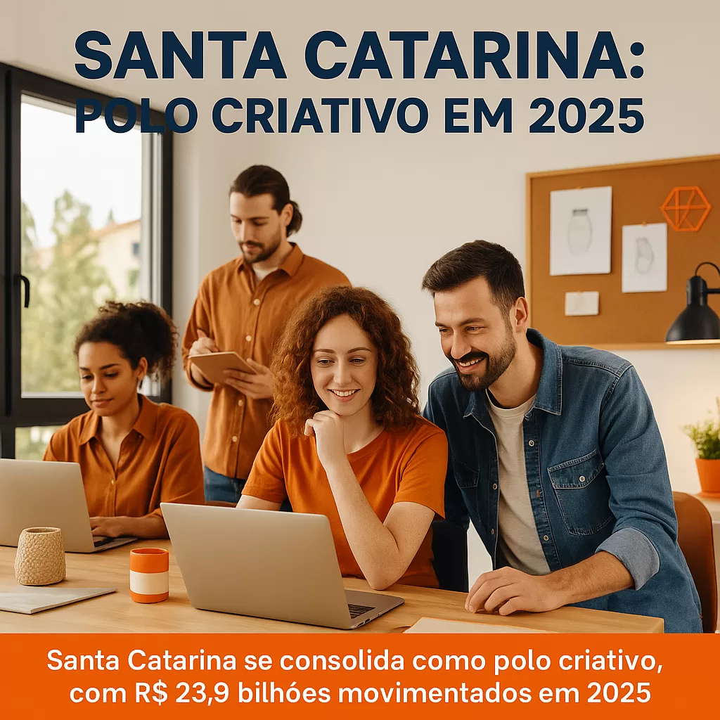 Empreendedores criativos em coworking em Florianópolis, colaborando em laptops e mesas de trabalho com elementos em laranja