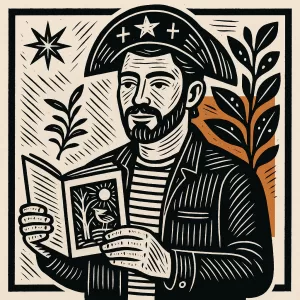 Ilustração digital de cordelista com xilogravura moderna e elemento laranja