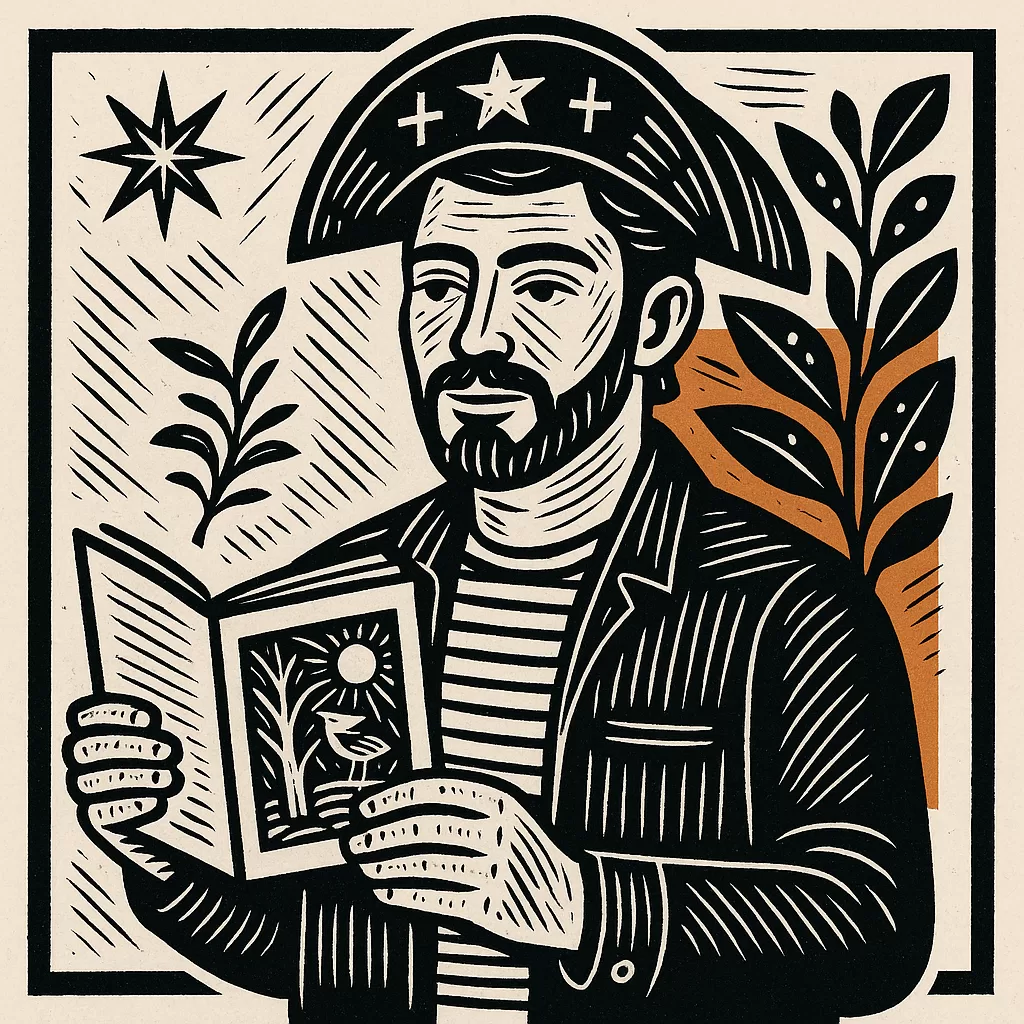 Ilustração digital de cordelista com xilogravura moderna e elemento laranja