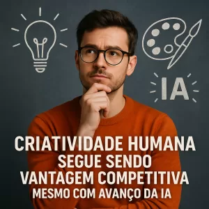 Jovem pensativo com símbolos criativos e de IA ao fundo