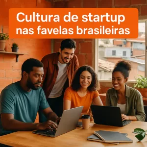 Empreendedores em espaço de coworking em uma favela brasileira, com detalhes em laranja