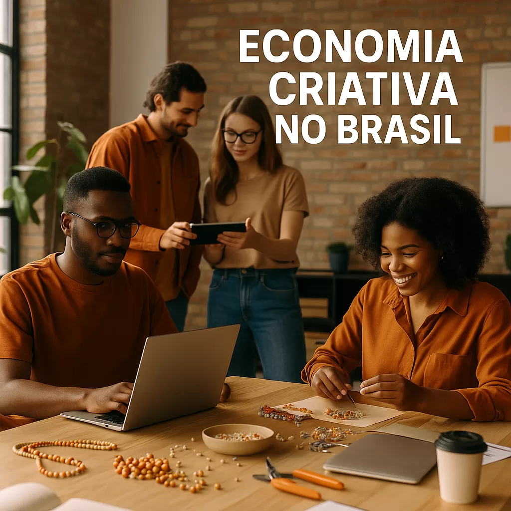 Profissionais criativos em coworking brasileiro produzindo artesanato e tecnologia, com detalhes em laranja