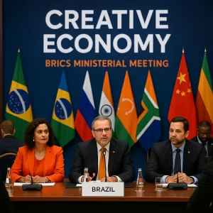 Delegação brasileira em conferência internacional do BRICS discutindo economia criativa, com bandeiras e telão ao fundo