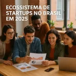 Jovens empreendedores brasileiros analisando gráficos em coworking moderno, com detalhes em laranja